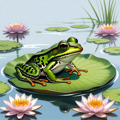Green frog on lily pad