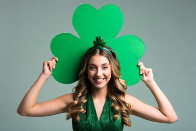 Smiling woman holding large shamrock