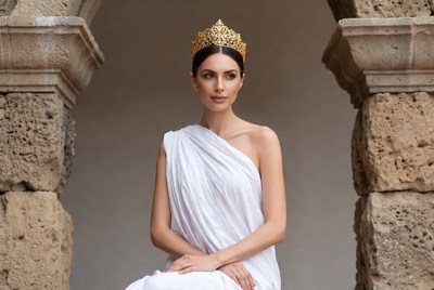 Woman in white toga with golden crown