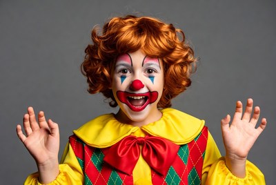 Child clown with red nose smiling