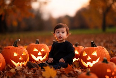 Baby surrounded by carved pumpkins