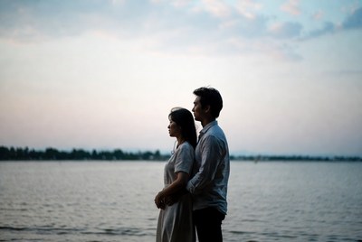 Asian couple silhouette at sunset lake