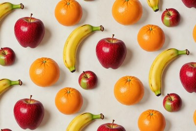 Bananas, Apples, Oranges on White