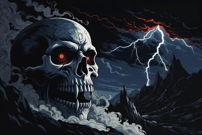 Glowing Red-Eyed Skull in Stormy Mountains