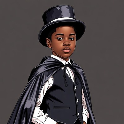 African-American boy in top hat and cape