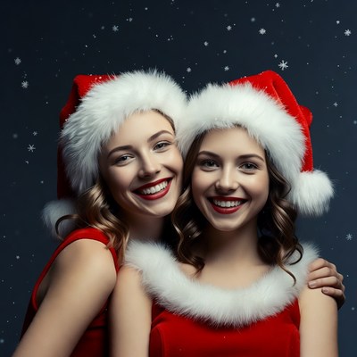 Two women in Santa hats smiling