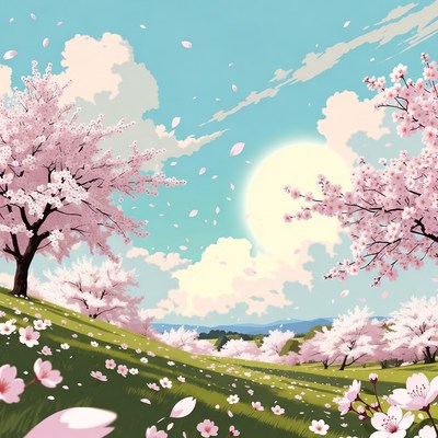 Cherry Blossom Trees in Sunny Meadow