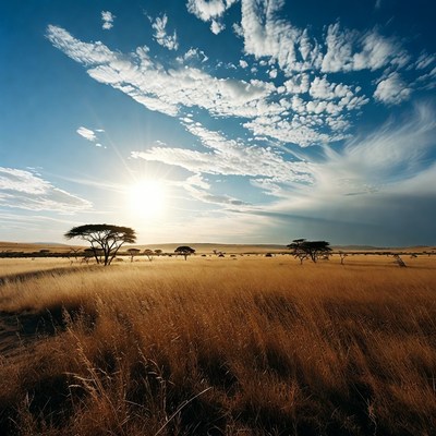 Savanna with Acacia Trees and Sunset