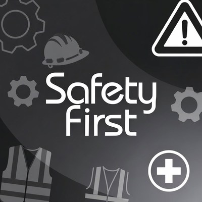 Safety First Graphic with Gears and Hard Hat