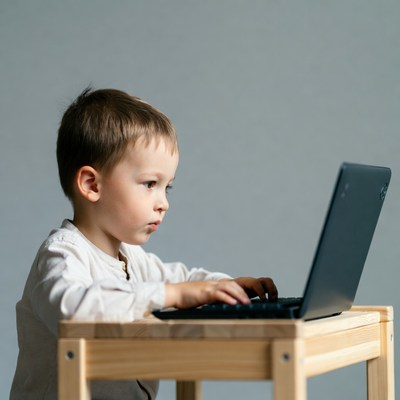 Boy typing on laptop