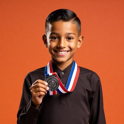 Young boy holding medal