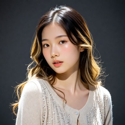 Asian woman in beaded sweater