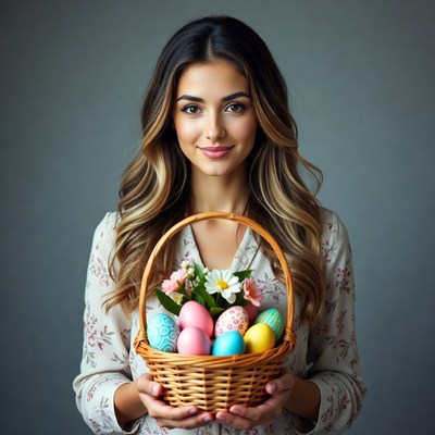 Woman holding Easter basket with eggs
