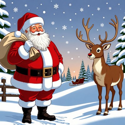 Santa Claus with reindeer in snowy landscape