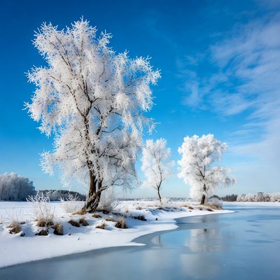 Frost-covered trees by frozen river
