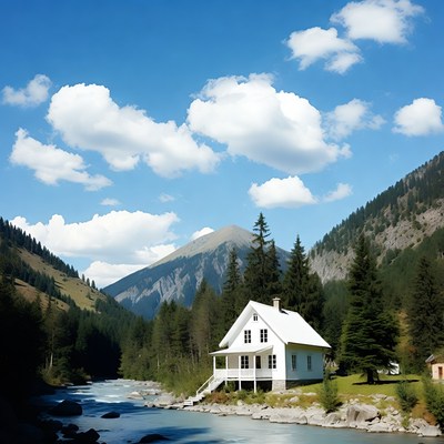 White house by river in mountains