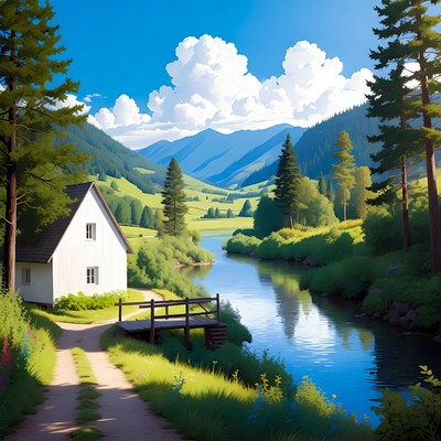 White Cottage by River in Mountains