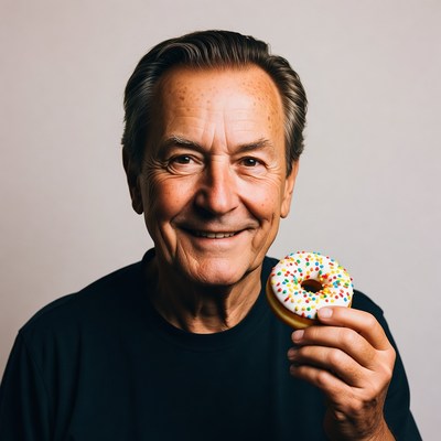 Smiling man holding colorful donut