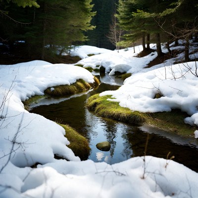 Snowy Stream in Pine Forest