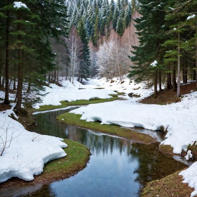 Snowy Forest with Winding Stream