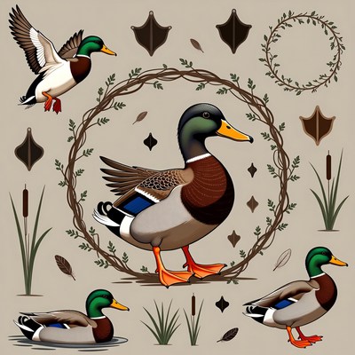 Mallard Ducks Illustration with Wreath