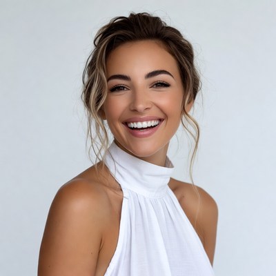 Smiling woman in white halter top