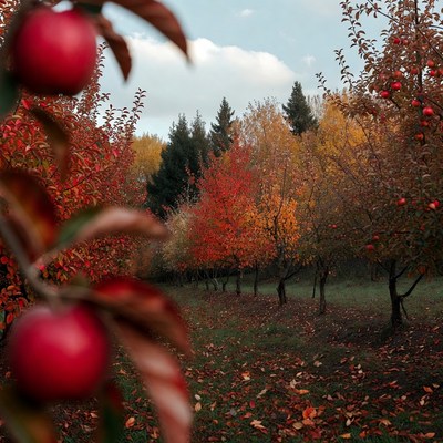 Red Apples in Autumn Orchard
