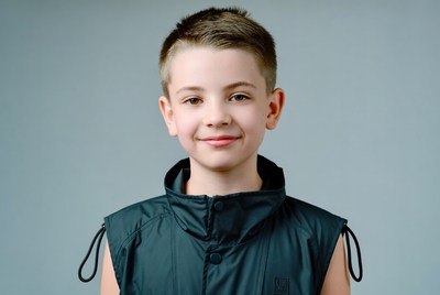 Young boy smiling in green vest