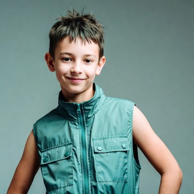 Young boy smiling in green vest