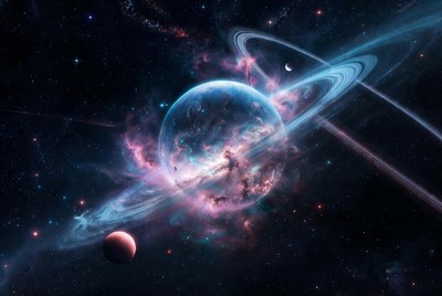 Glowing Blue Saturn in Nebula Space