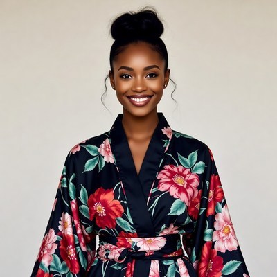 African-American woman in floral kimono