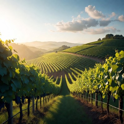 Vineyard Rows at Golden Hour Sunset