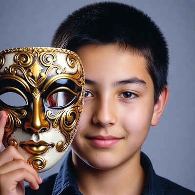 Boy holding ornate gold mask