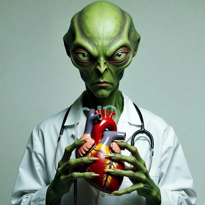 Alien Doctor Holding Heart Model