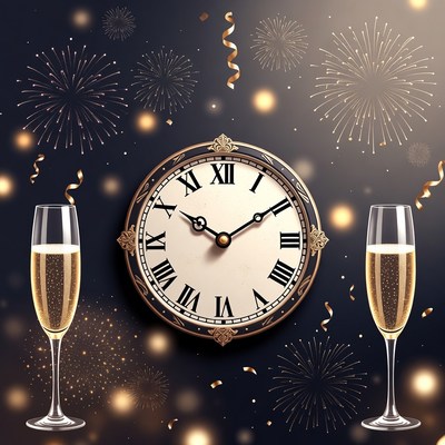 New Year's Clock with Champagne Glasses