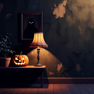 Jack-o'-lantern and Shadow Figure on Table