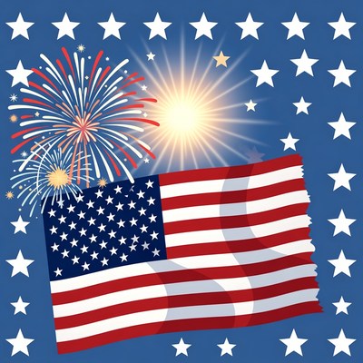 American Flag with Fireworks and Stars