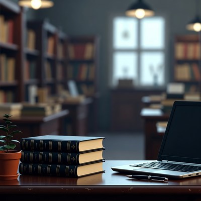 Books and Laptop on Library Desk