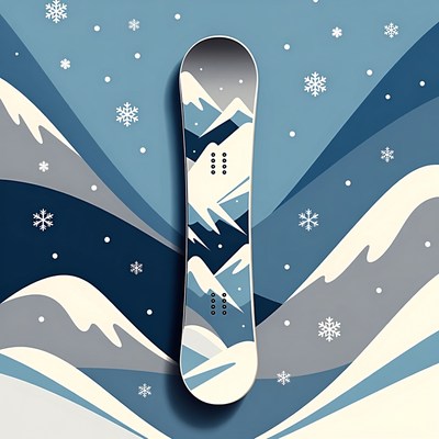 Snowboard with snowy mountains