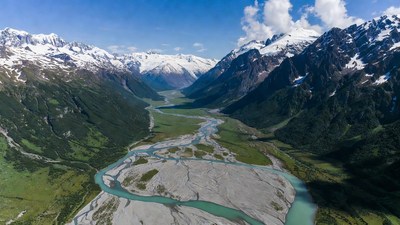 Aerial View Snowy Mountains River Valley