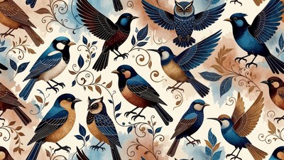 Colorful Birds with Floral Vines Illustration