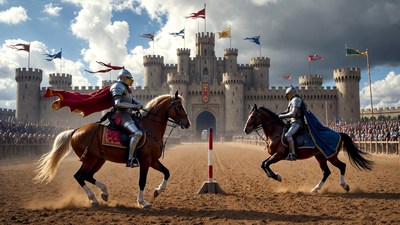 Two Knights Jousting on Horses Before Castle