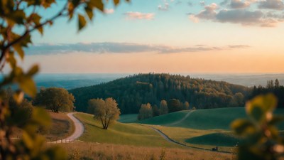 Winding road through green hills at sunset