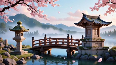 Japanese Bridge with Lanterns and Cherry Blossoms