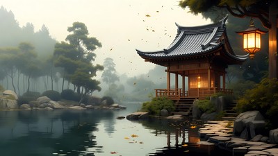 Japanese Temple by Misty Lake