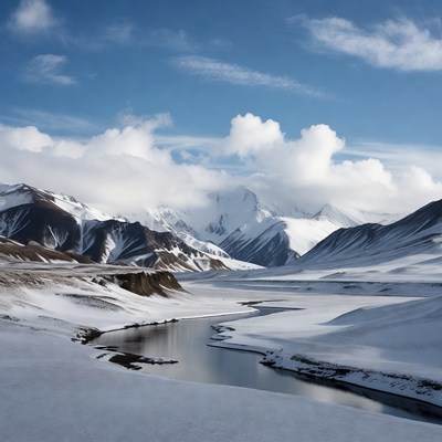 Snowy Mountains with Winding River