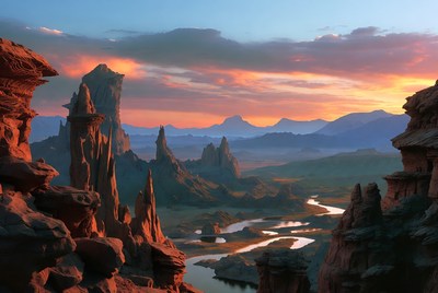 Dramatic Sunset Over Alien Rock Formations