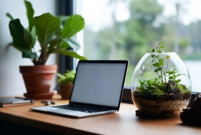 Laptop with terrarium on wooden desk
