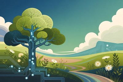 Digital Tree in Lush Landscape