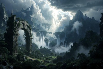 Ancient Ruined Arch in Misty Mountains